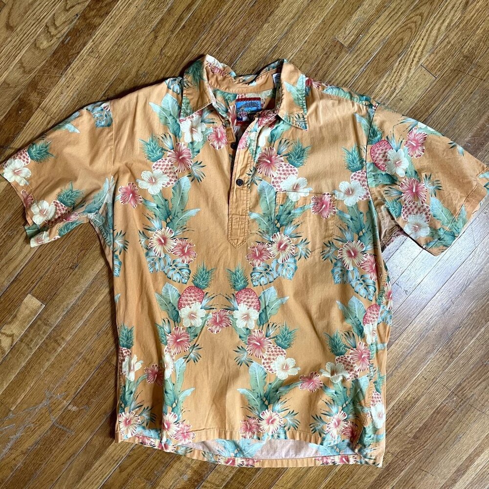 Reyn Spooner Orange and Green Pineapple Print Men's Pullover Hawaiian Shirt L